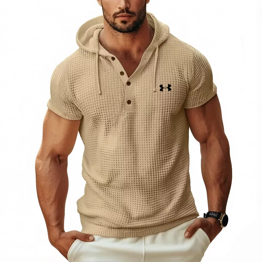 Men's Cotton Waffle Hoodie Casual Solid Color Short-Sleeve T-Shirt