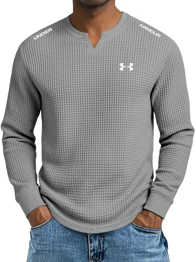 Men's Cotton Waffle Casual Gentleman V-Neck Long Sleeve T-Shirt