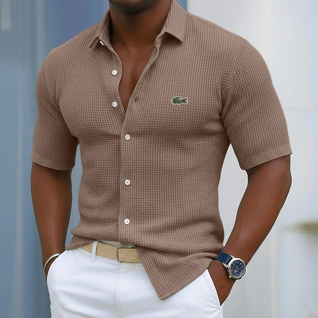 Men's Cotton Waffle Gentleman's Casual Solid Color Short Sleeve Shirt