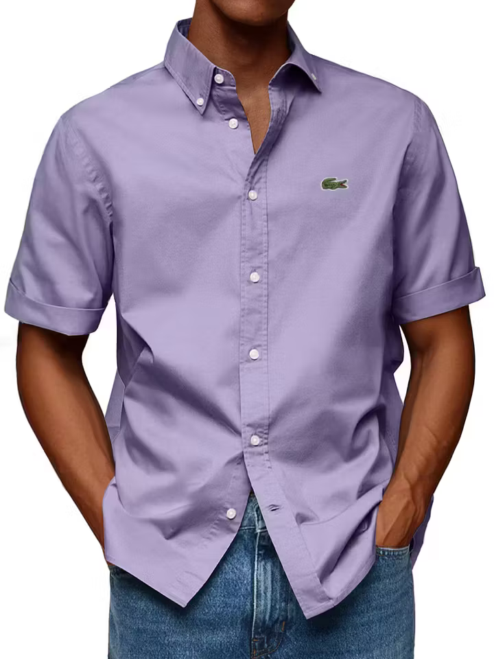 Men's Cotton Casual Fashion Lapel Solid Color Comfortable Short Sleeve Shirt
