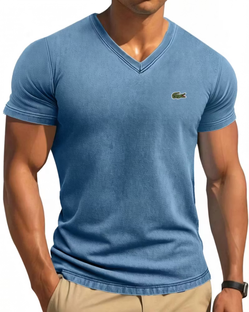 Men's Cotton Retro Solid Color Tight V-Neck Short Sleeved T-Shirt