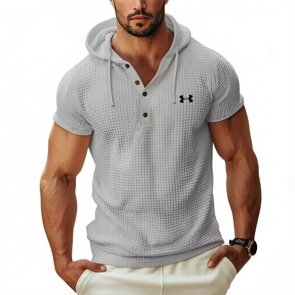 Men's Cotton Waffle Hoodie Casual Solid Color Short-Sleeve T-Shirt