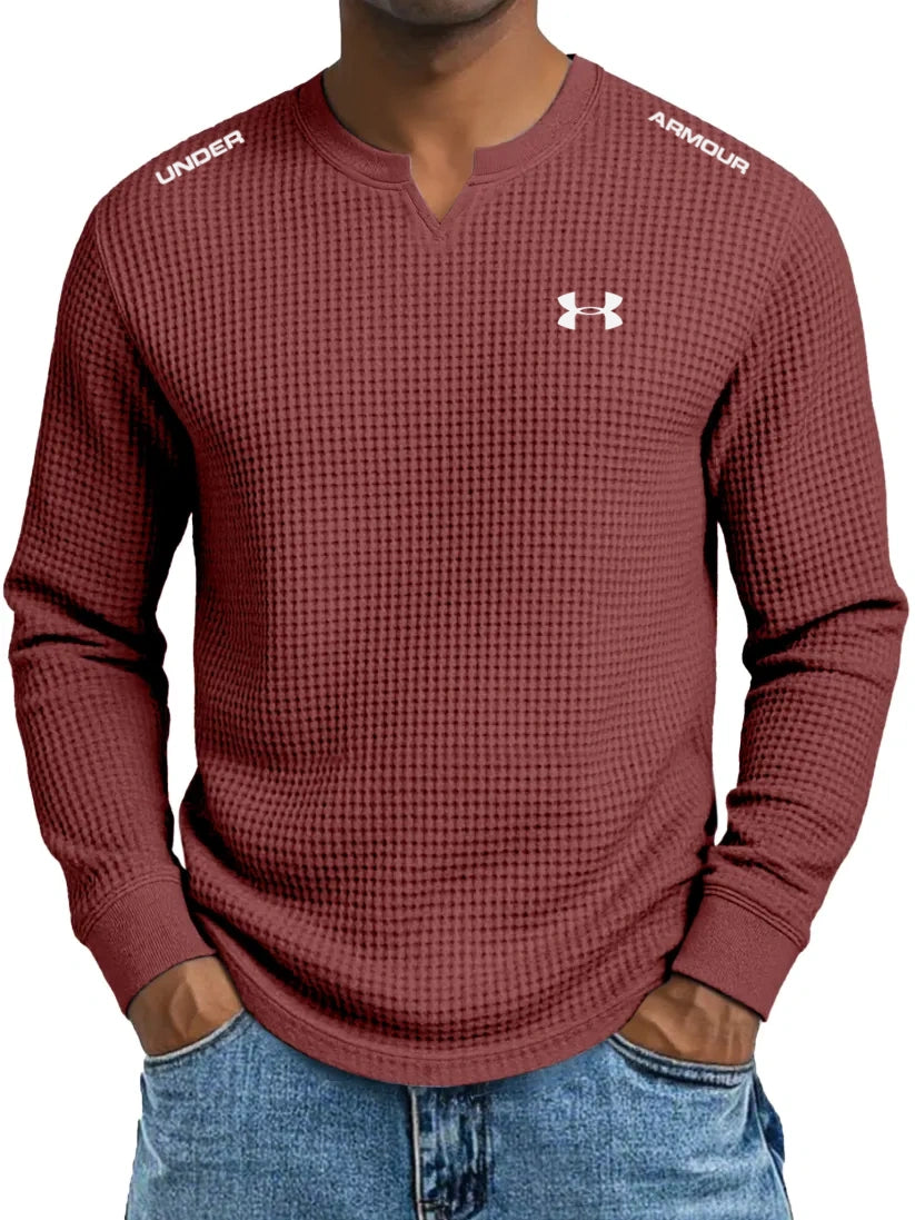 Men's Cotton Waffle Casual Gentleman V-Neck Long Sleeve T-Shirt
