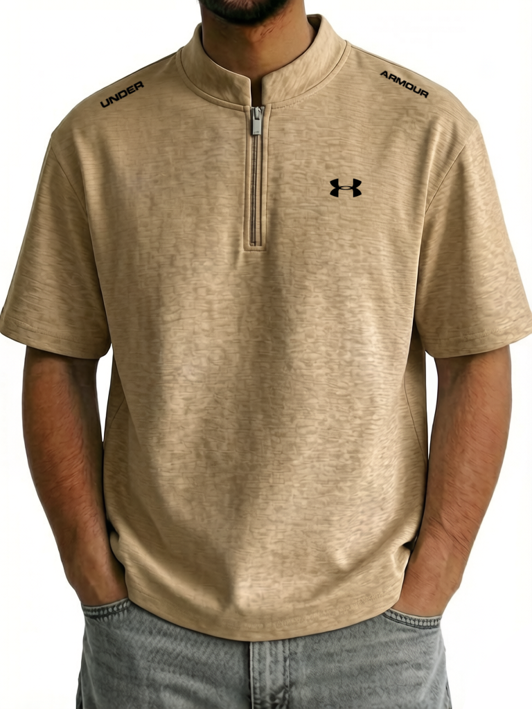 Men's Cotton Stand Collar Zipper Casual Sporty Short Sleeve T-Shirt