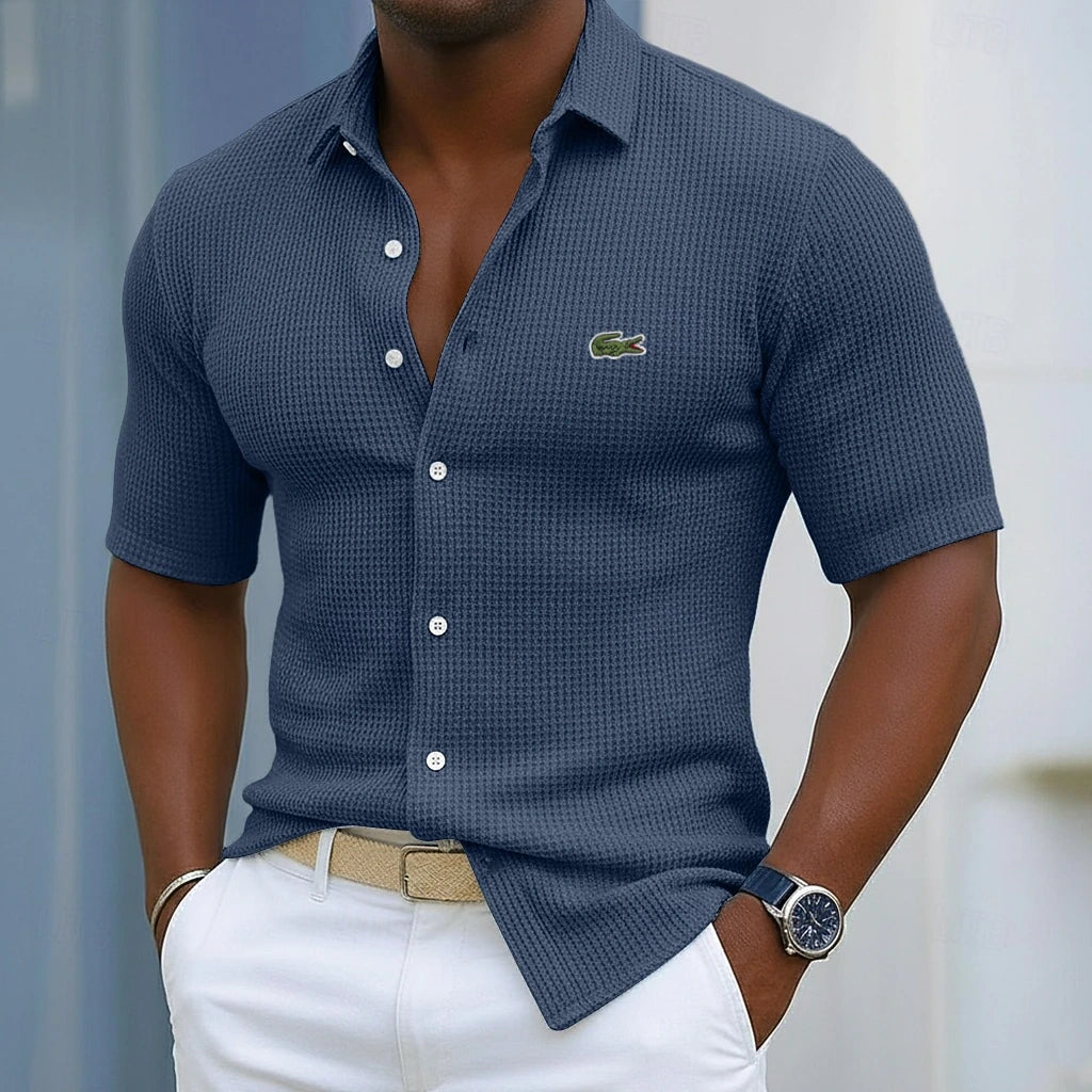 Men's Cotton Waffle Gentleman's Casual Solid Color Short Sleeve Shirt