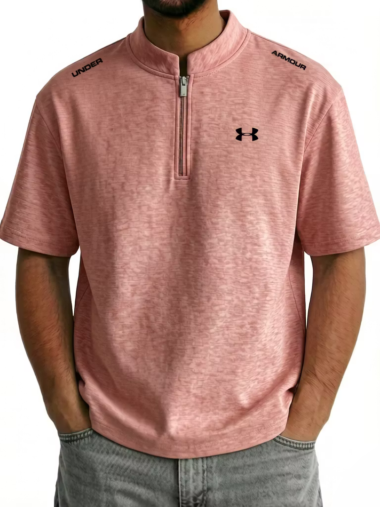 Men's Cotton Stand Collar Zipper Casual Sporty Short Sleeve T-Shirt