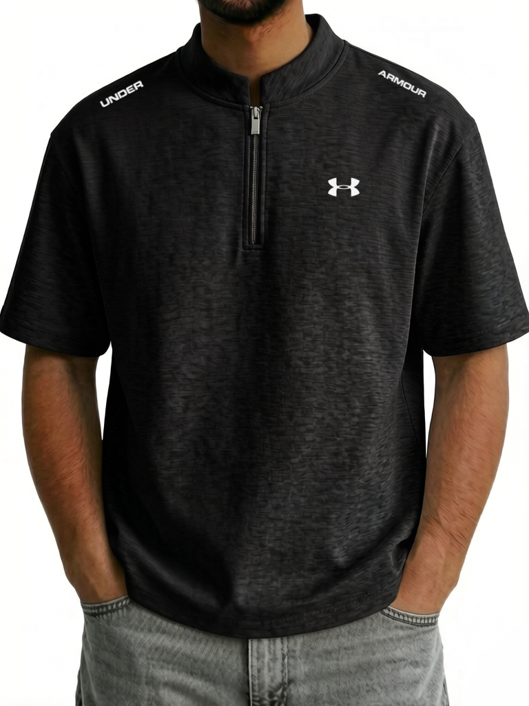 Men's Cotton Stand Collar Zipper Casual Sporty Short Sleeve T-Shirt