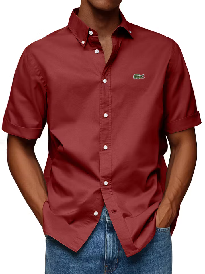 Men's Cotton Casual Fashion Lapel Solid Color Comfortable Short Sleeve Shirt