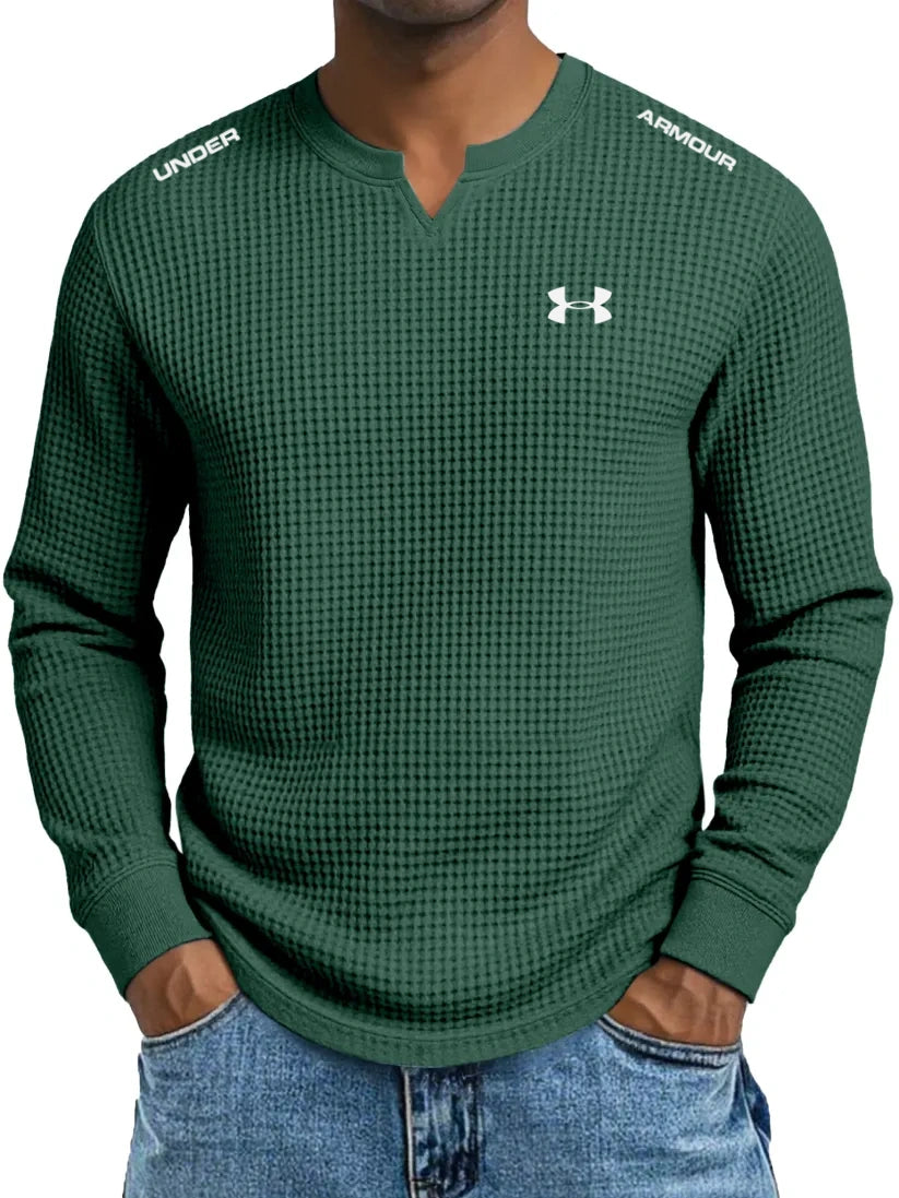 Men's Cotton Waffle Casual Gentleman V-Neck Long Sleeve T-Shirt