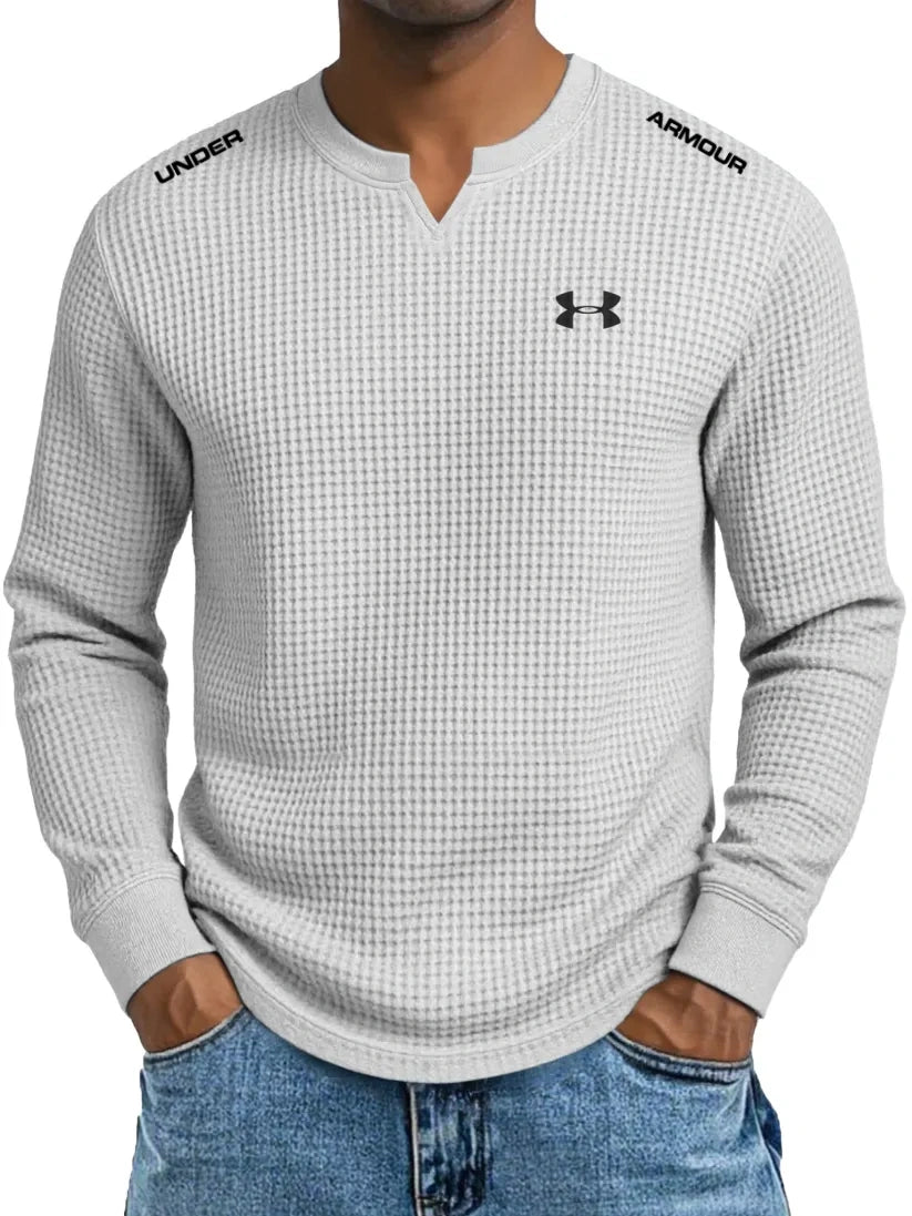 Men's Cotton Waffle Casual Gentleman V-Neck Long Sleeve T-Shirt