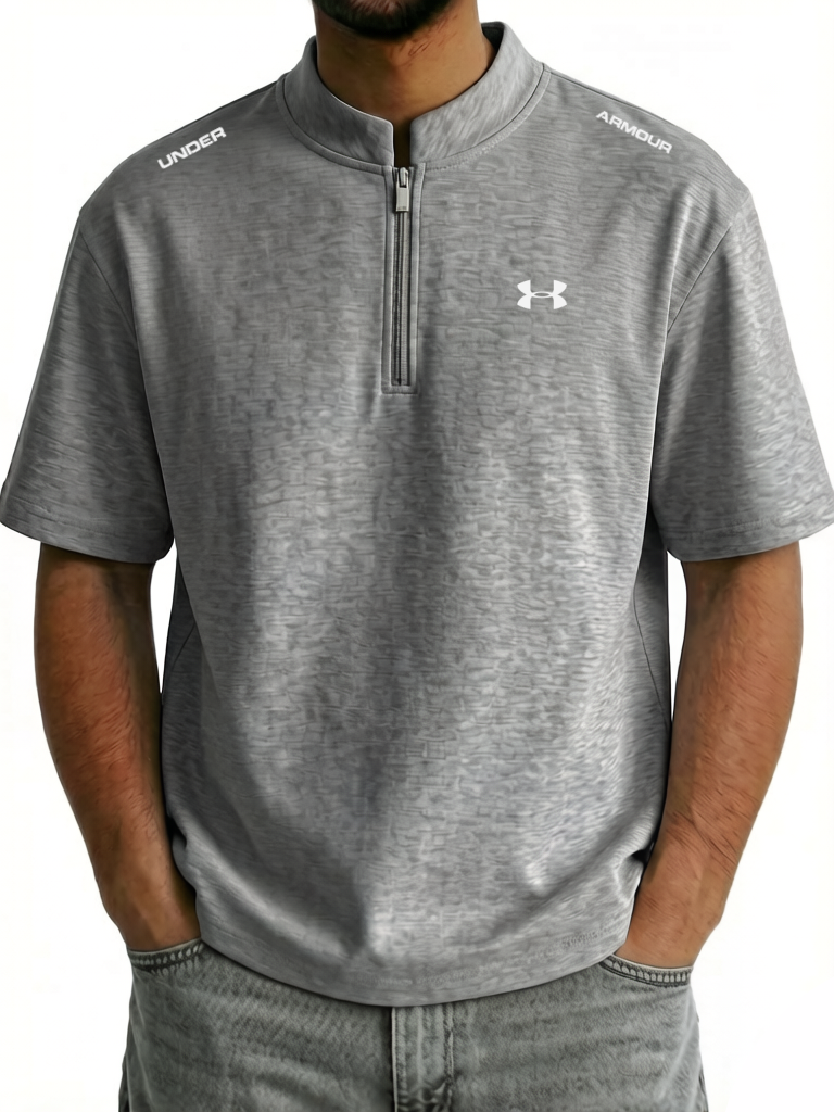 Men's Cotton Stand Collar Zipper Casual Sporty Short Sleeve T-Shirt