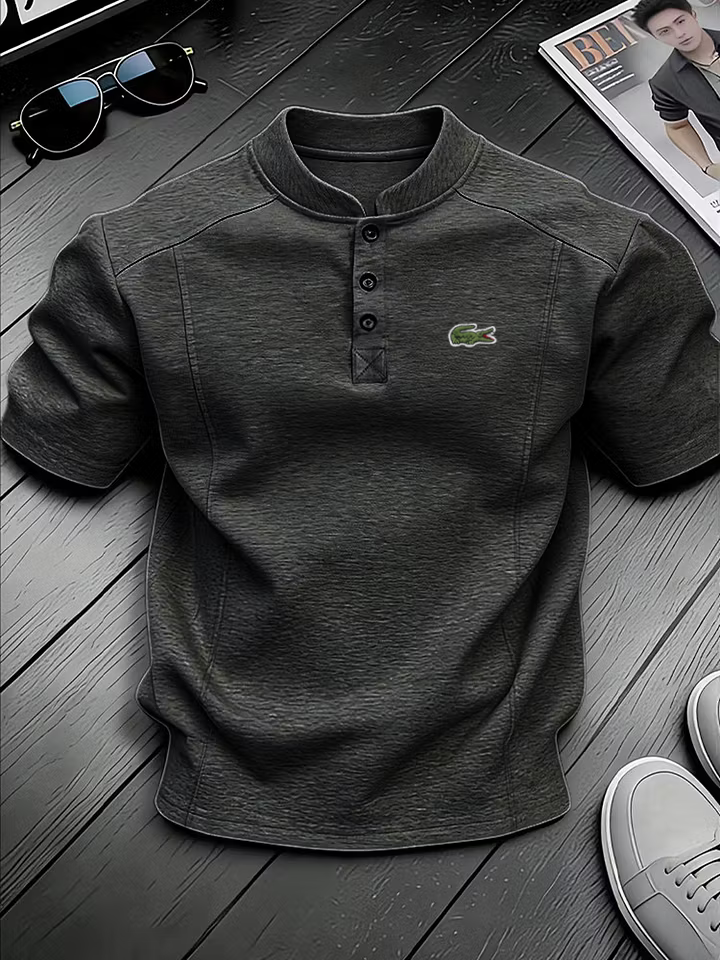 Men's Cotton Stand Collar Button Design Casual Short Sleeved Henley Shirt