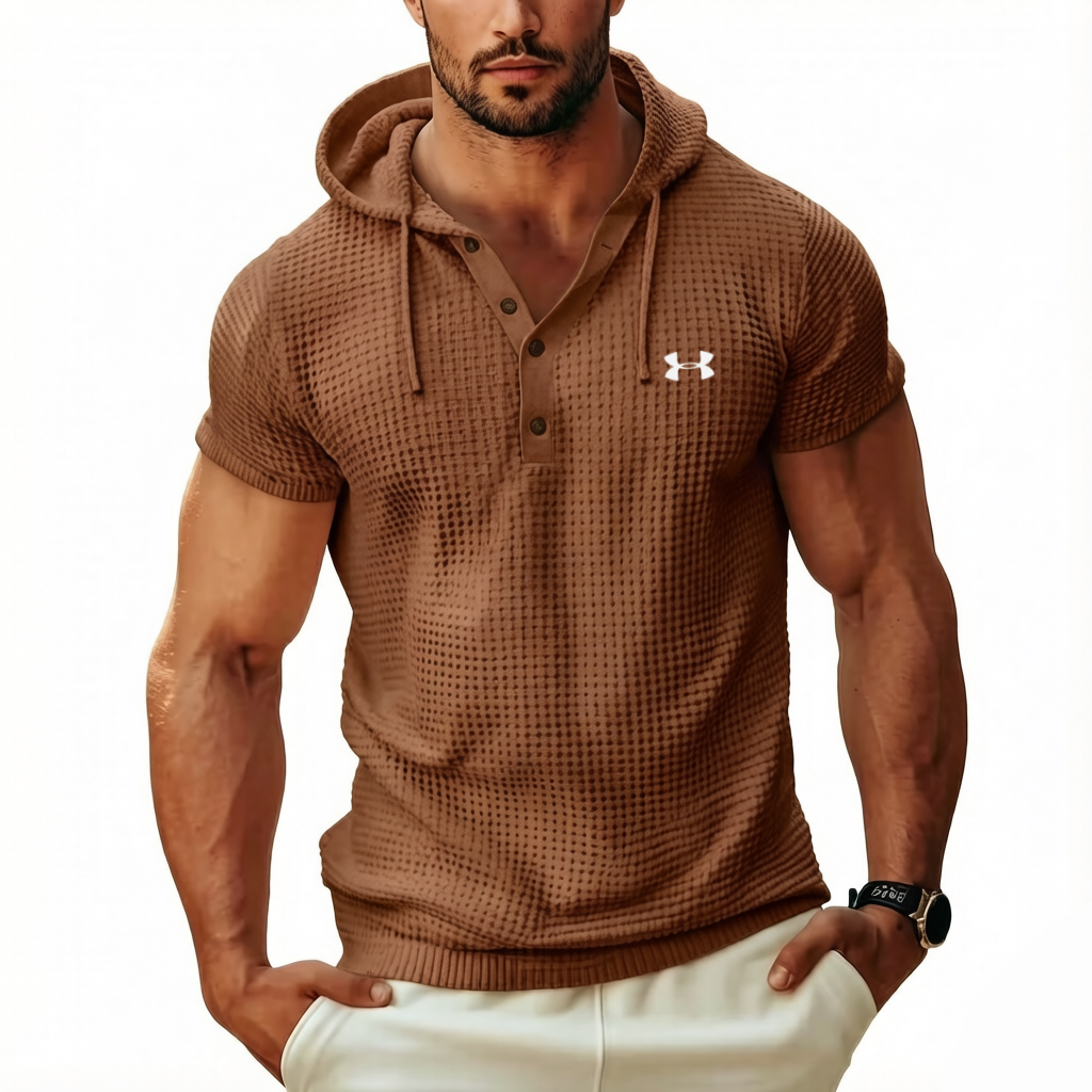 Men's Cotton Waffle Hoodie Casual Solid Color Short-Sleeve T-Shirt