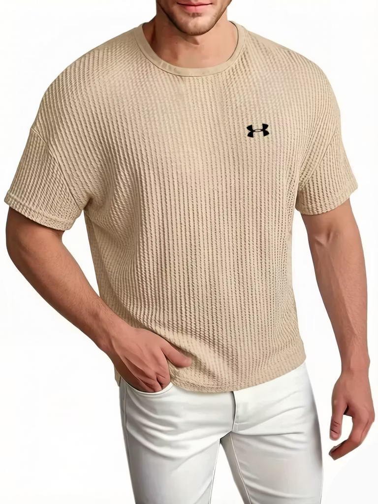 Men's Cotton Waffle Breathable Casual Round Neck Short Sleeved T-Shirt