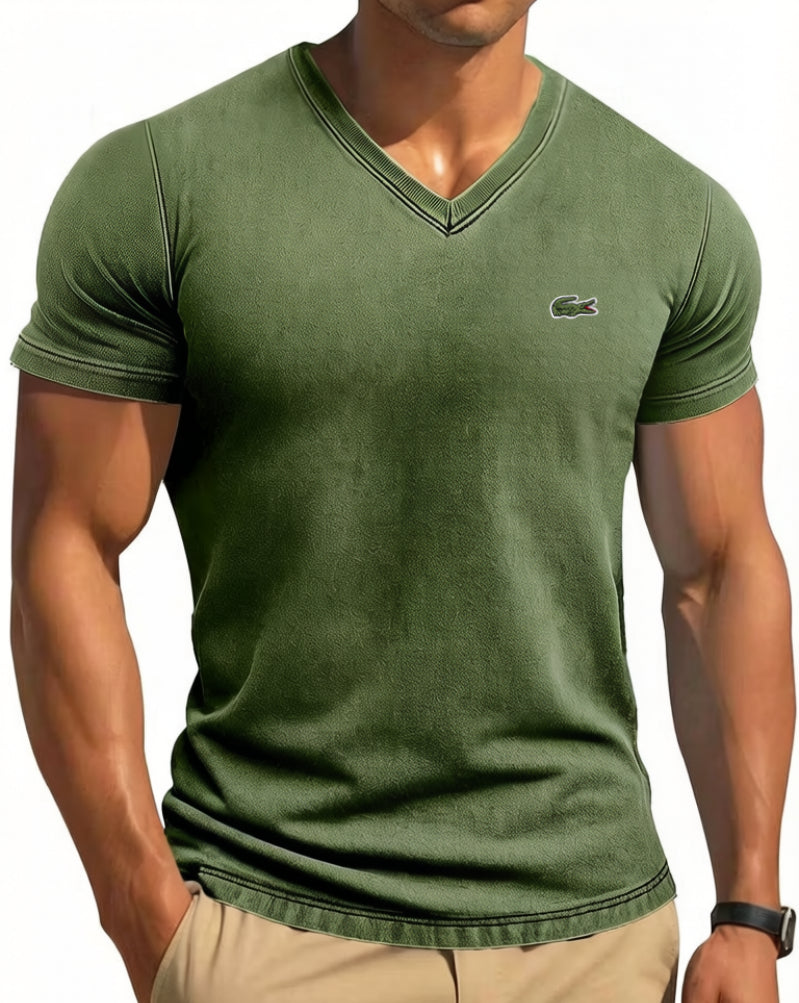 Men's Cotton Retro Solid Color Tight V-Neck Short Sleeved T-Shirt