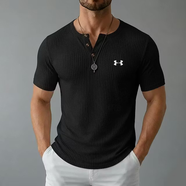 Men's Cotton Casual Soft Breathable Ribbed Button-Up Henley T-Shirt
