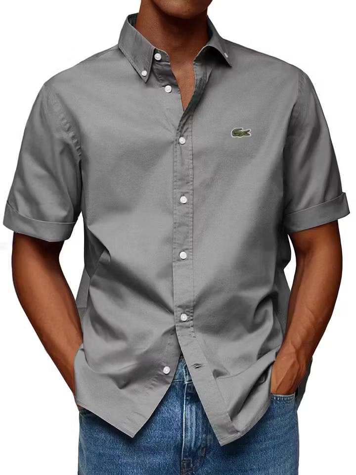 Men's Cotton Casual Fashion Lapel Solid Color Comfortable Short Sleeve Shirt
