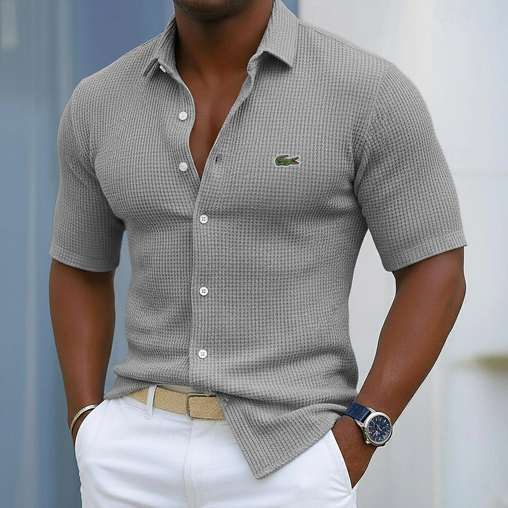 Men's Cotton Waffle Gentleman's Casual Solid Color Short Sleeve Shirt
