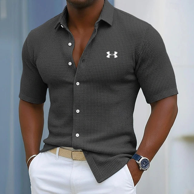 Men's Cotton Waffle Casual Gentleman's Solid Color Short Sleeve Shirt