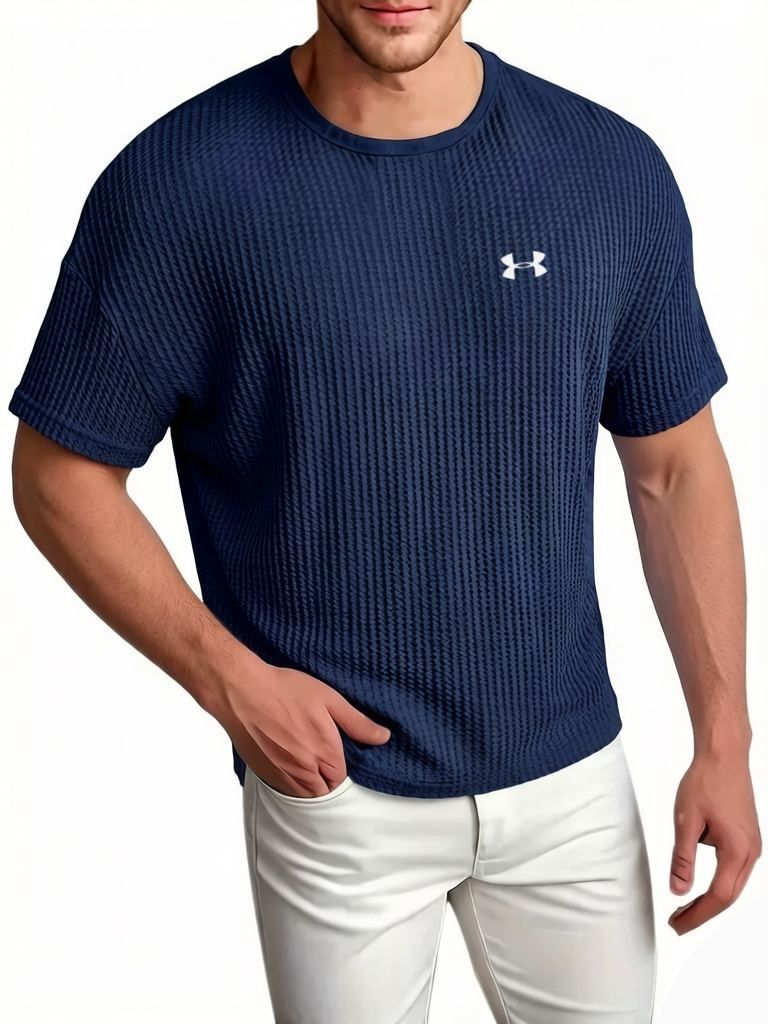 Men's Cotton Waffle Breathable Casual Round Neck Short Sleeved T-Shirt