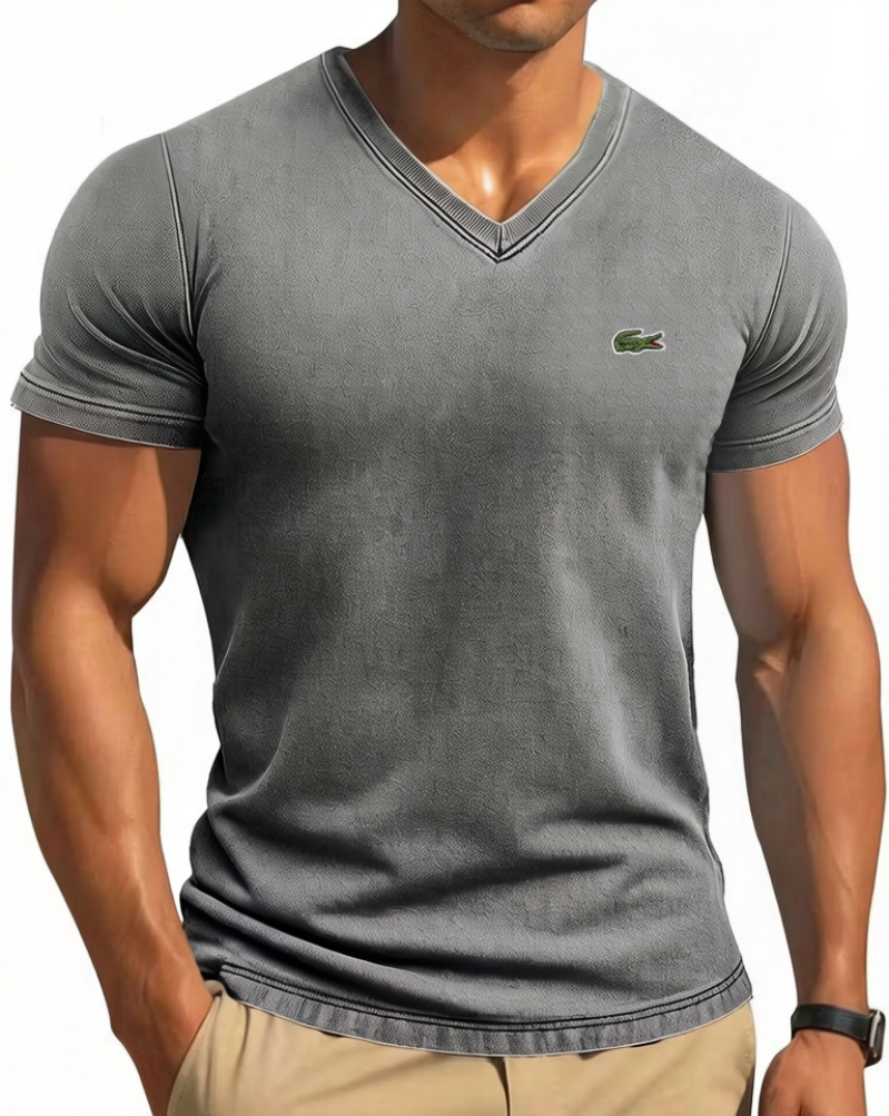 Men's Cotton Retro Solid Color Tight V-Neck Short Sleeved T-Shirt
