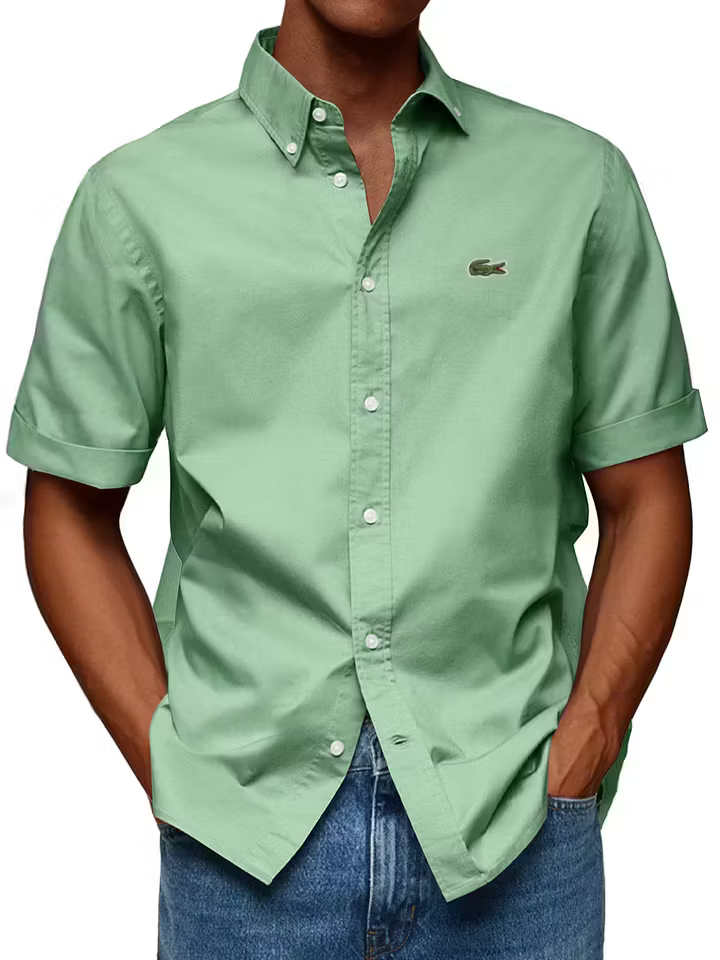 Men's Cotton Casual Fashion Lapel Solid Color Comfortable Short Sleeve Shirt