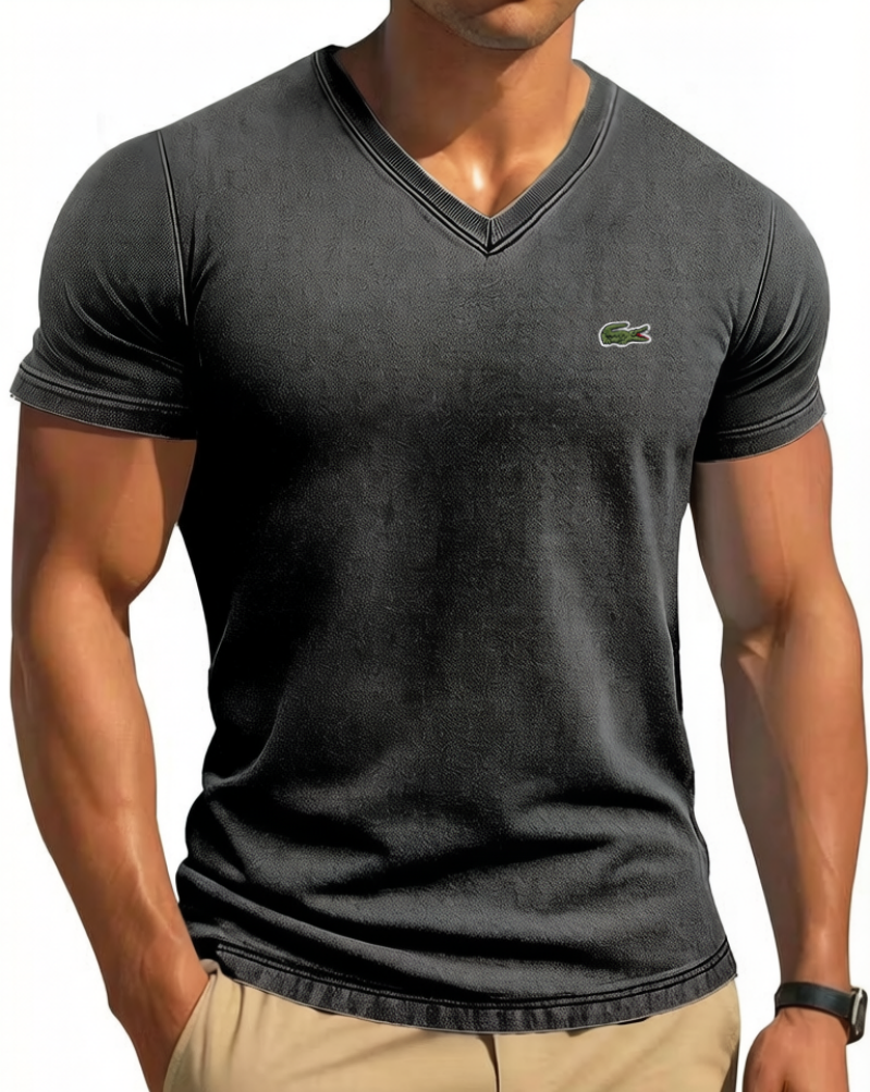 Men's Cotton Retro Solid Color Tight V-Neck Short Sleeved T-Shirt