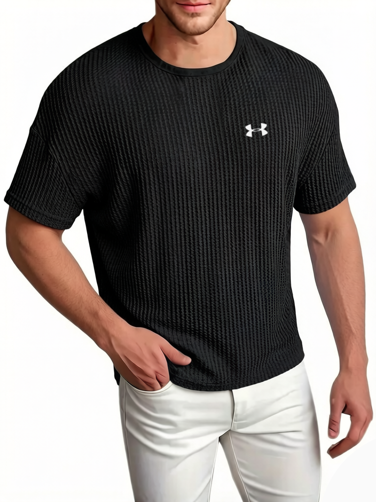 Men's Cotton Waffle Breathable Casual Round Neck Short Sleeved T-Shirt