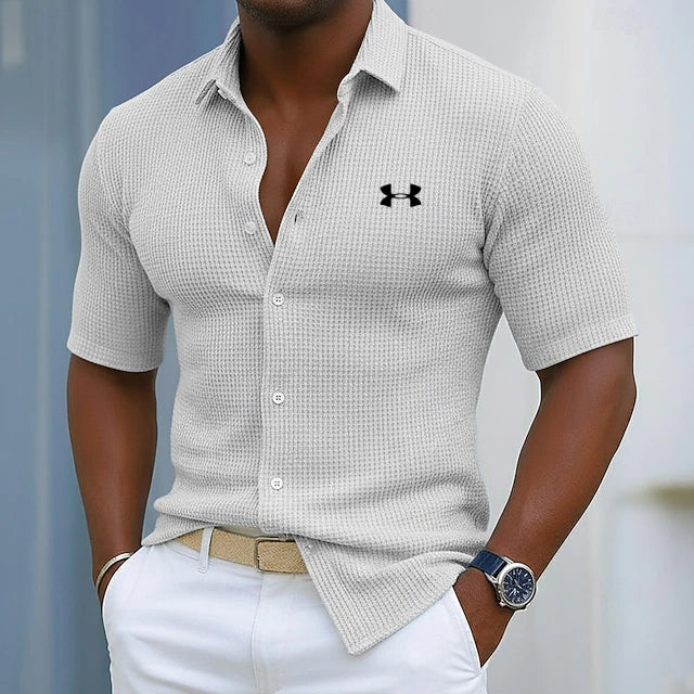 Men's Cotton Waffle Casual Gentleman's Solid Color Short Sleeve Shirt