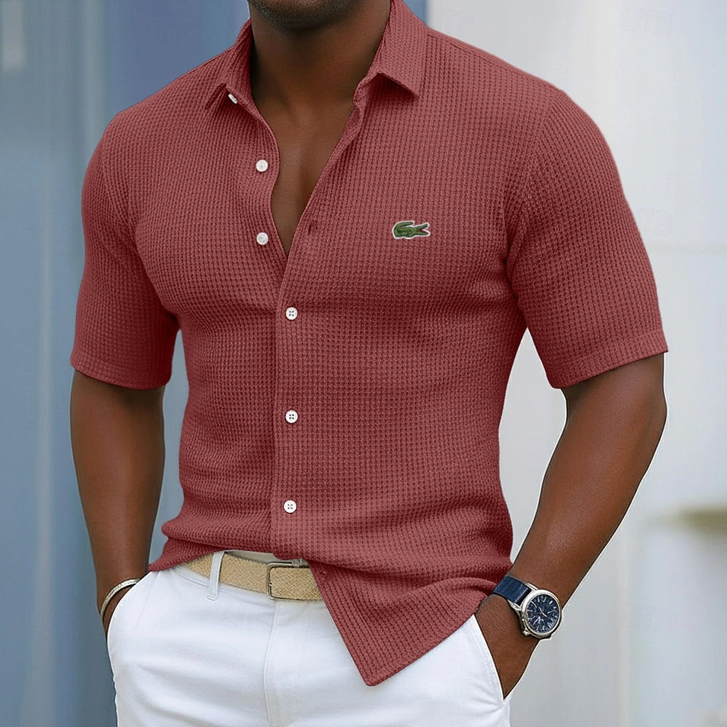 Men's Cotton Waffle Gentleman's Casual Solid Color Short Sleeve Shirt