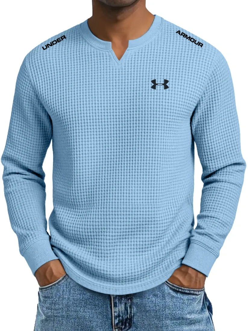 Men's Cotton Waffle Casual Gentleman V-Neck Long Sleeve T-Shirt