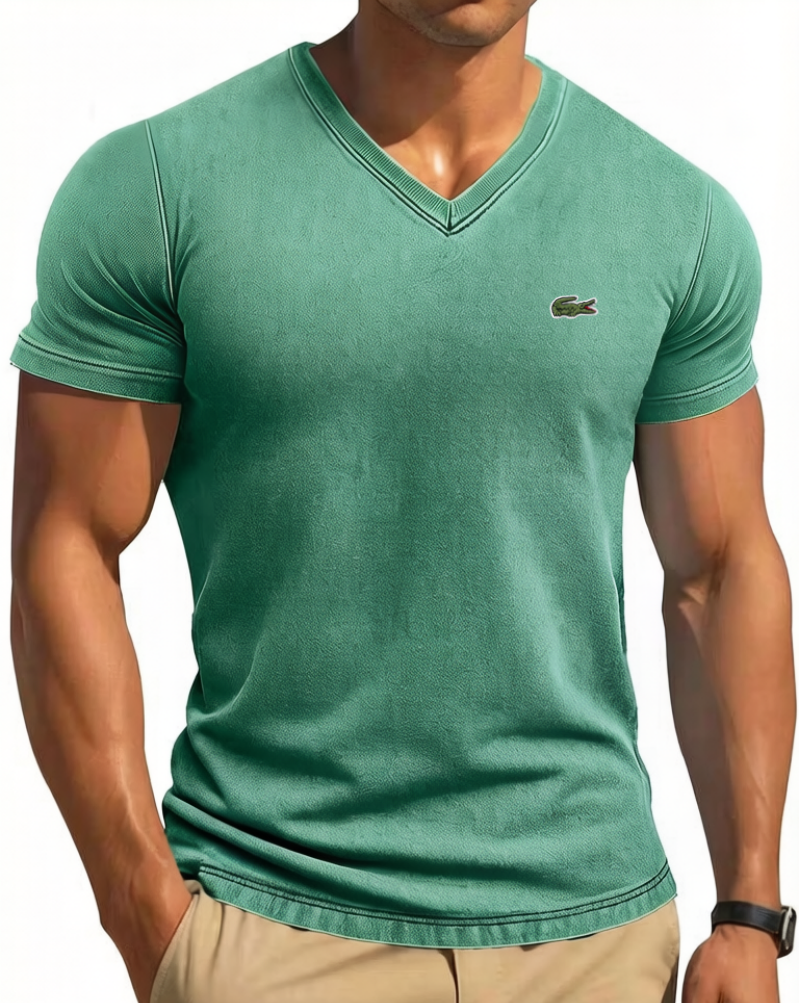 Men's Cotton Retro Solid Color Tight V-Neck Short Sleeved T-Shirt