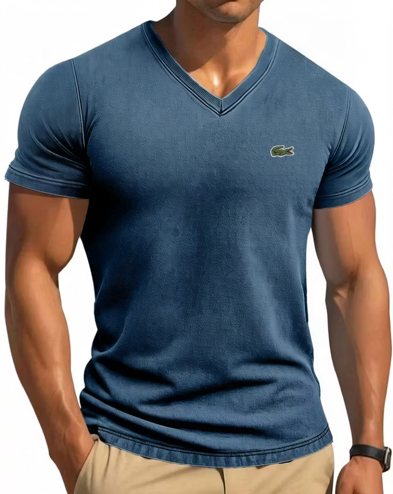 Men's Cotton Retro Solid Color Tight V-Neck Short Sleeved T-Shirt