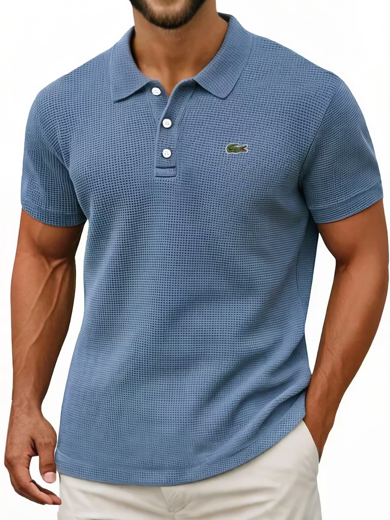 Men's Cotton Waffle Vintage Casual Breathable Pinholes Short Sleeve Polo Shirt