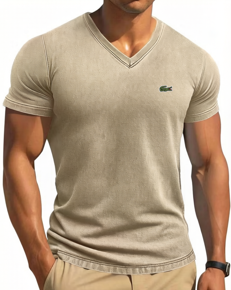 Men's Cotton Retro Solid Color Tight V-Neck Short Sleeved T-Shirt