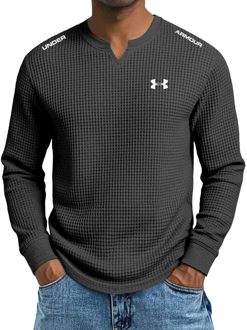 Men's Cotton Waffle Casual Gentleman V-Neck Long Sleeve T-Shirt
