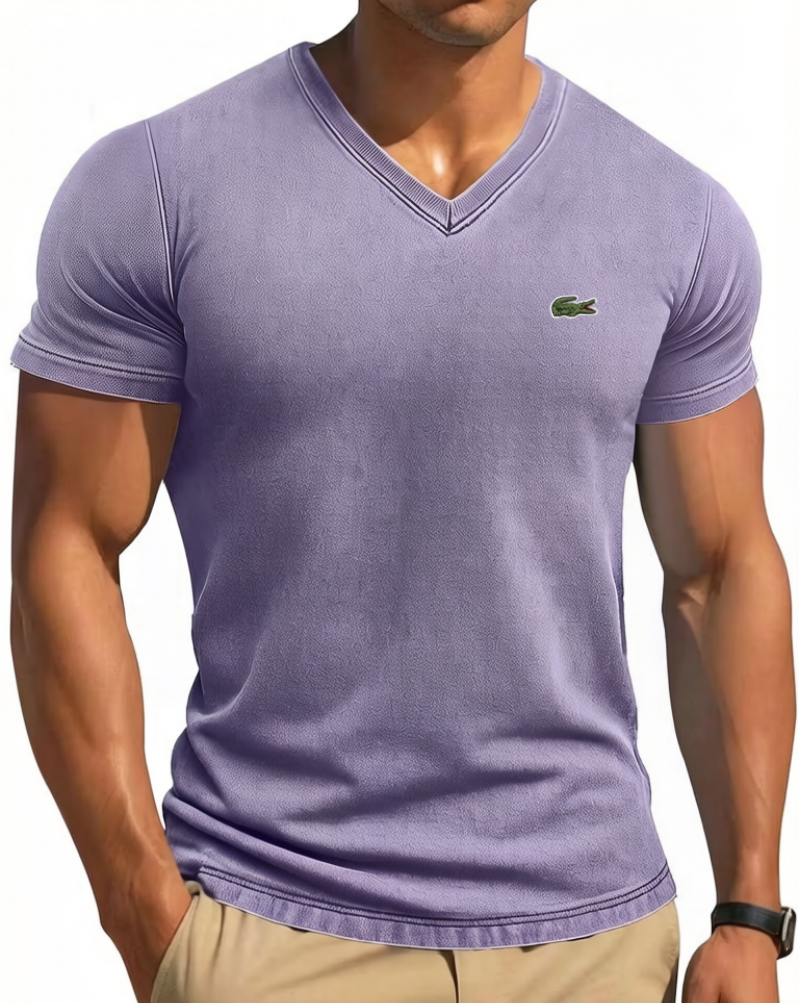Men's Cotton Retro Solid Color Tight V-Neck Short Sleeved T-Shirt