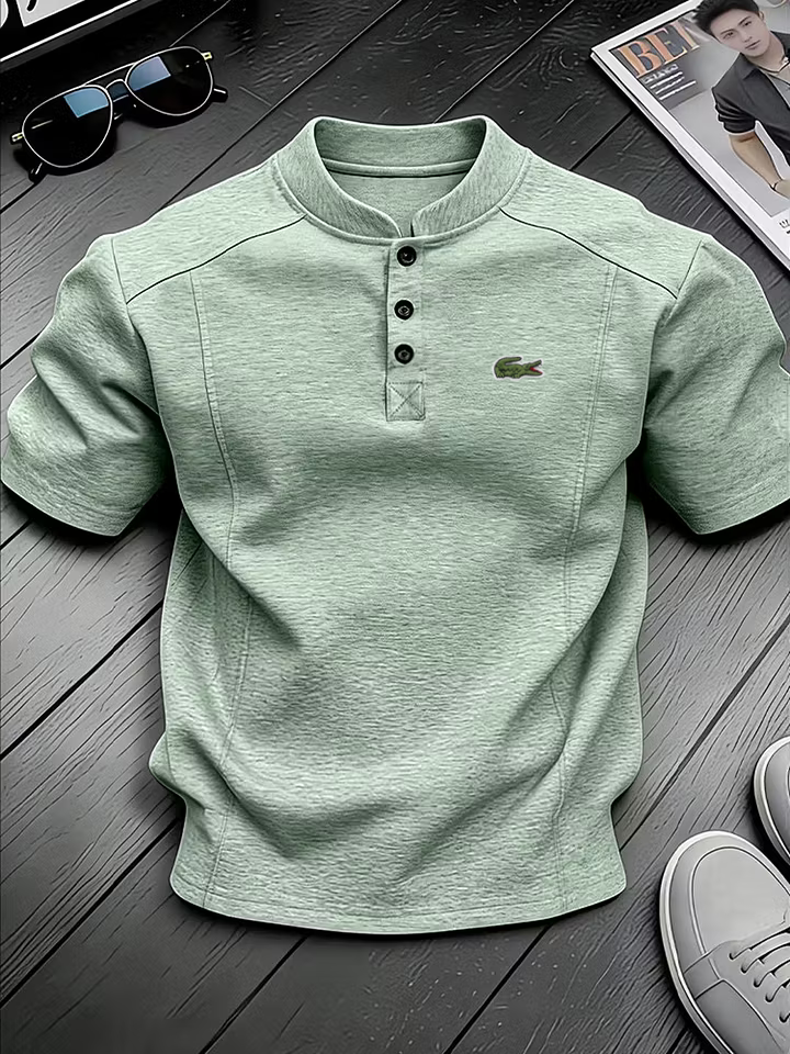 Men's Cotton Stand Collar Button Design Casual Short Sleeved Henley Shirt