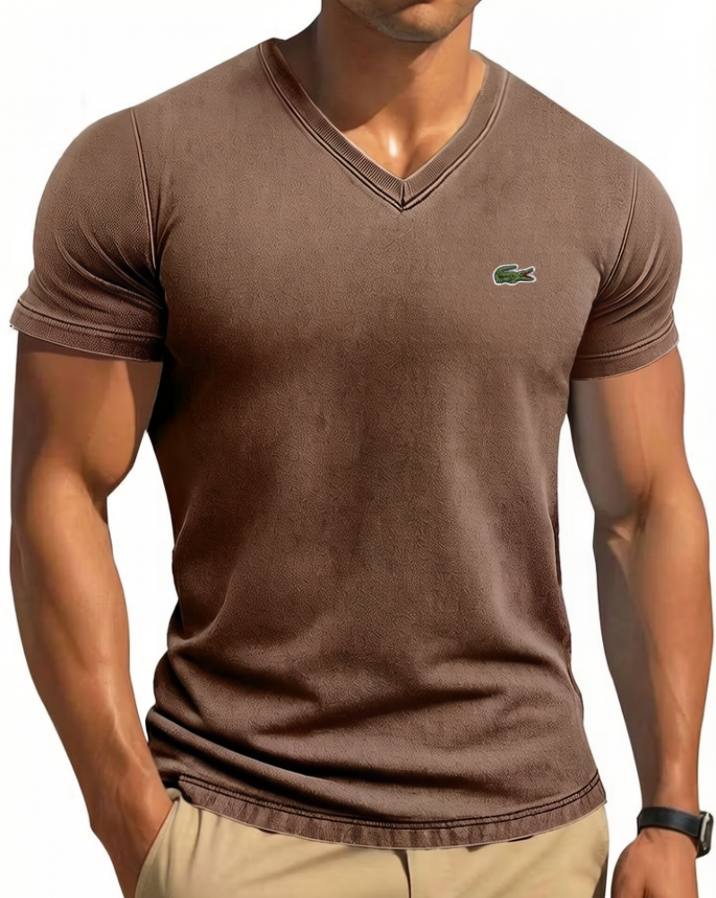 Men's Cotton Retro Solid Color Tight V-Neck Short Sleeved T-Shirt