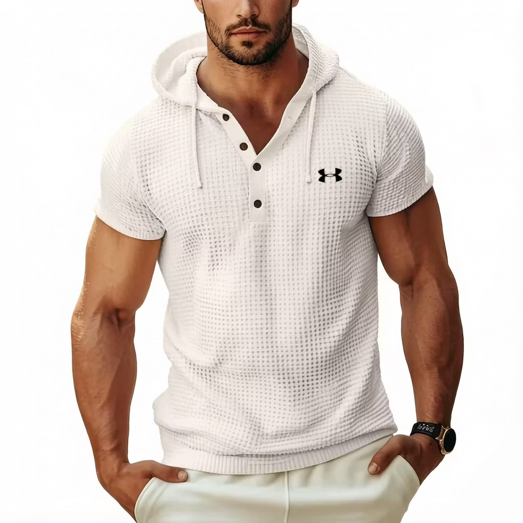 Men's Cotton Waffle Hoodie Casual Solid Color Short-Sleeve T-Shirt