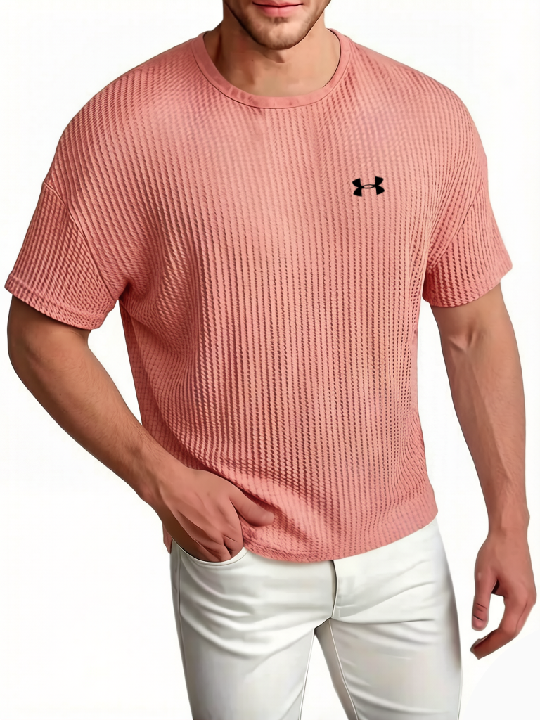 Men's Cotton Waffle Breathable Casual Round Neck Short Sleeved T-Shirt