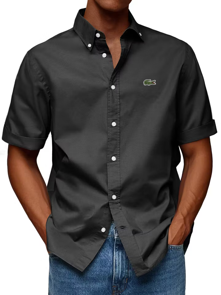 Men's Cotton Casual Fashion Lapel Solid Color Comfortable Short Sleeve Shirt