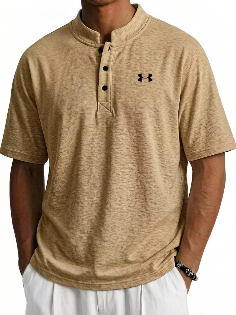 Men's Cotton Stand-up Collar Button Casual Short Sleeved Henley T-Shirt
