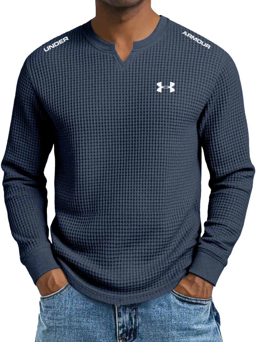 Men's Cotton Waffle Casual Gentleman V-Neck Long Sleeve T-Shirt