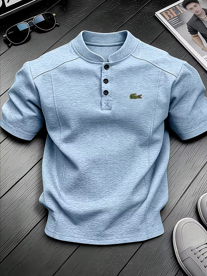 Men's Cotton Stand Collar Button Design Casual Short Sleeved Henley Shirt