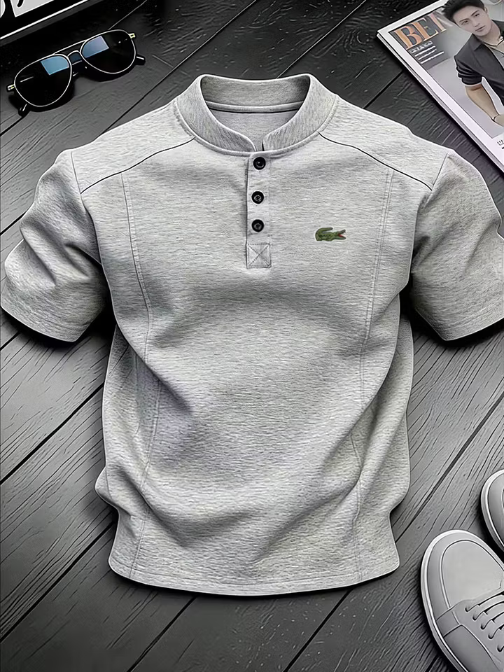 Men's Cotton Stand Collar Button Design Casual Short Sleeved Henley Shirt