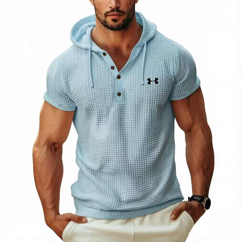 Men's Cotton Waffle Hoodie Casual Solid Color Short-Sleeve T-Shirt