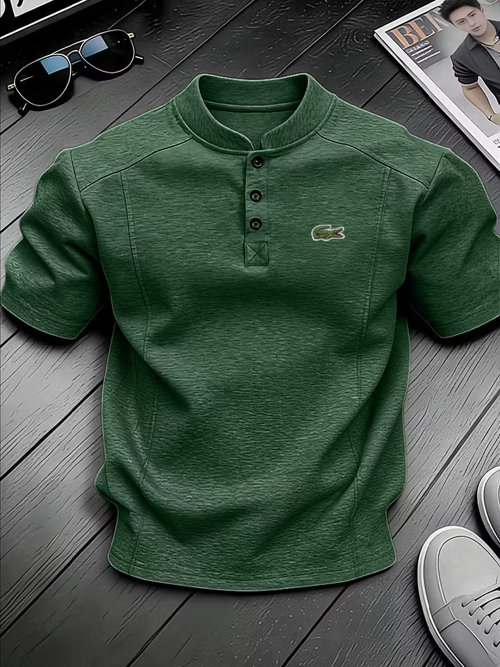 Men's Cotton Stand Collar Button Design Casual Short Sleeved Henley Shirt