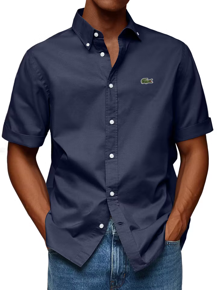 Men's Cotton Casual Fashion Lapel Solid Color Comfortable Short Sleeve Shirt
