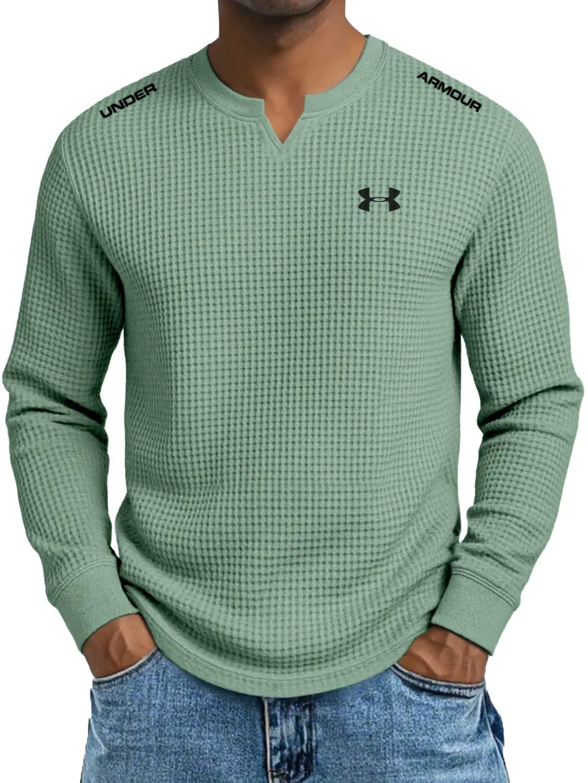 Men's Cotton Waffle Casual Gentleman V-Neck Long Sleeve T-Shirt